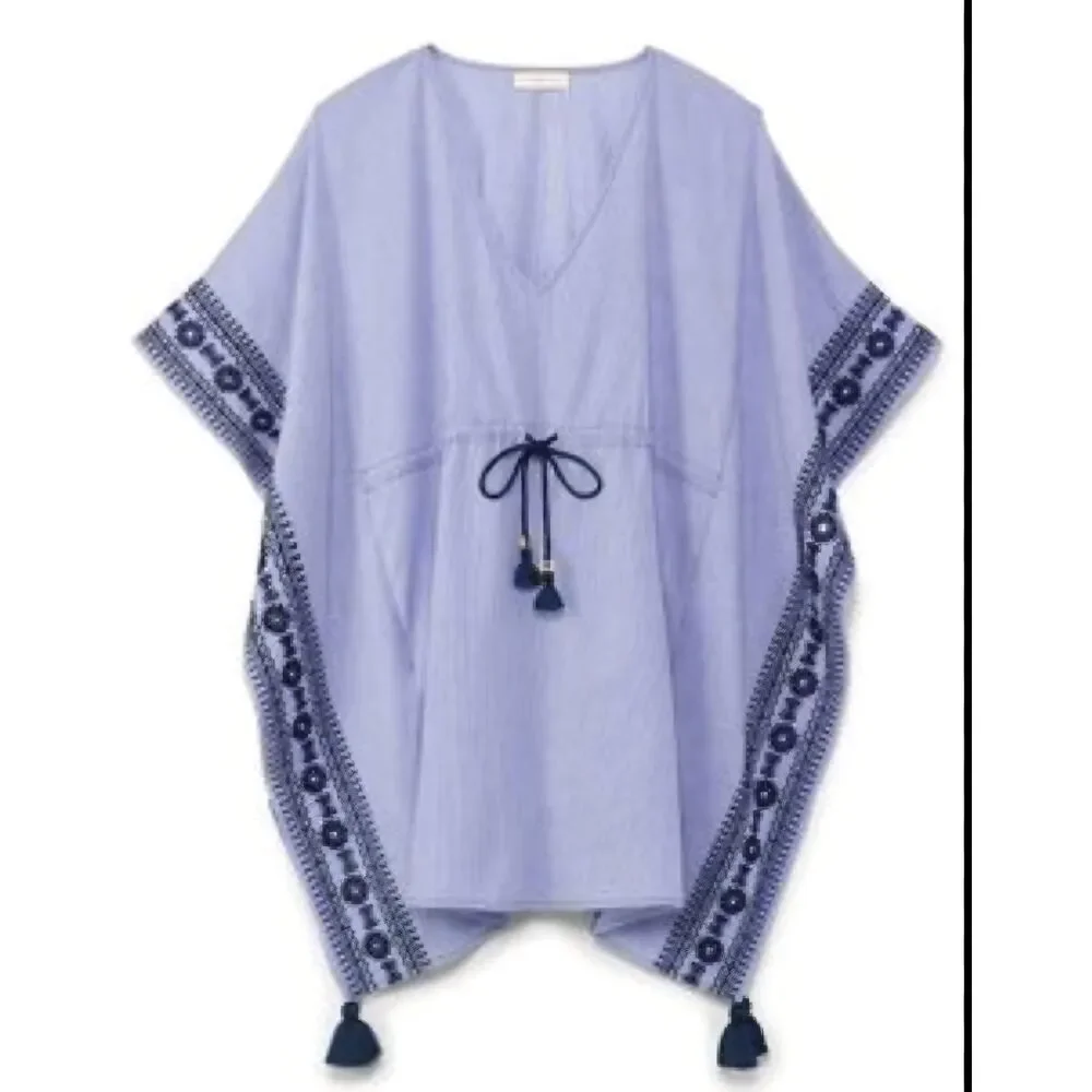 Tory Burch Swim Coverup Women's Small Blue Stripe Ravena Kaftan Tassel Resort